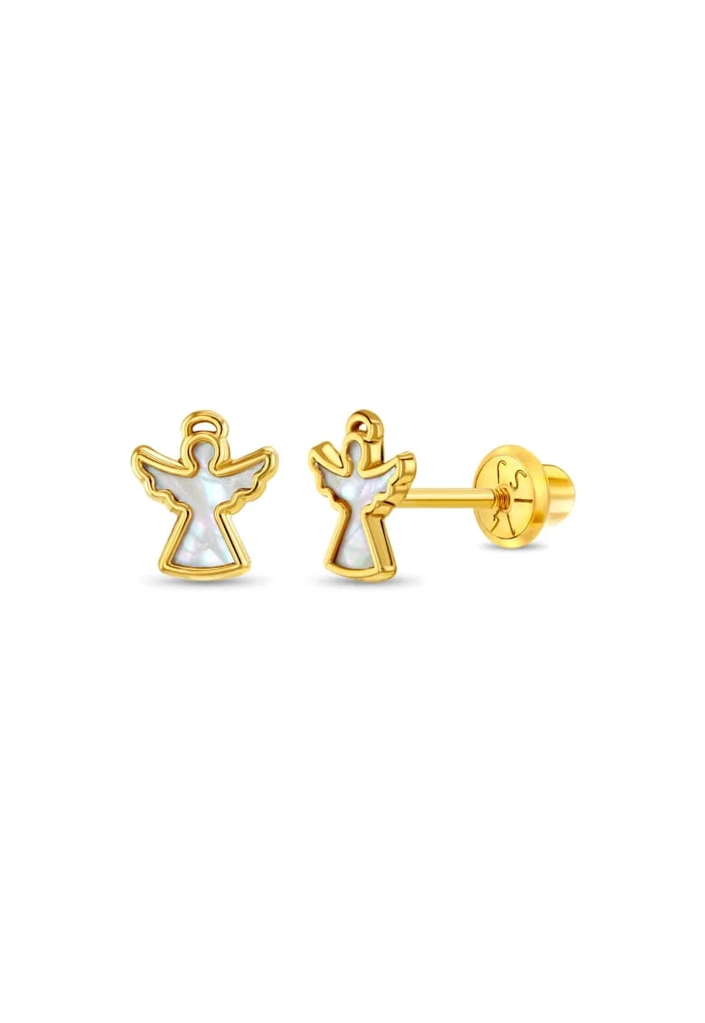Cercei din Aur 14K pentru Copii, model Inger cu Inima din Sidef de Perla, inchidere cu Filet si Protectie