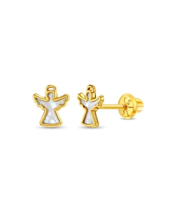 Cercei din Aur 14K pentru Copii, model Inger cu Inima din Sidef de Perla, inchidere cu Filet si Protectie