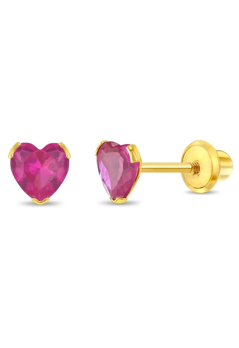 Cercei Aur 14K Copii, model Birthstone (zi nastere iulie), forma Inima cu Piatra CZ Light Red, inchidere cu Filet si Protectie