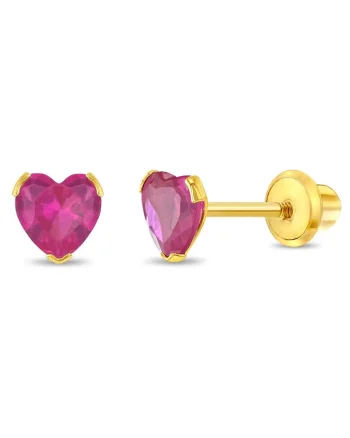 Cercei Aur 14K Copii, model Birthstone (zi nastere iulie), forma Inima cu Piatra CZ Light Red, inchidere cu Filet si Protectie