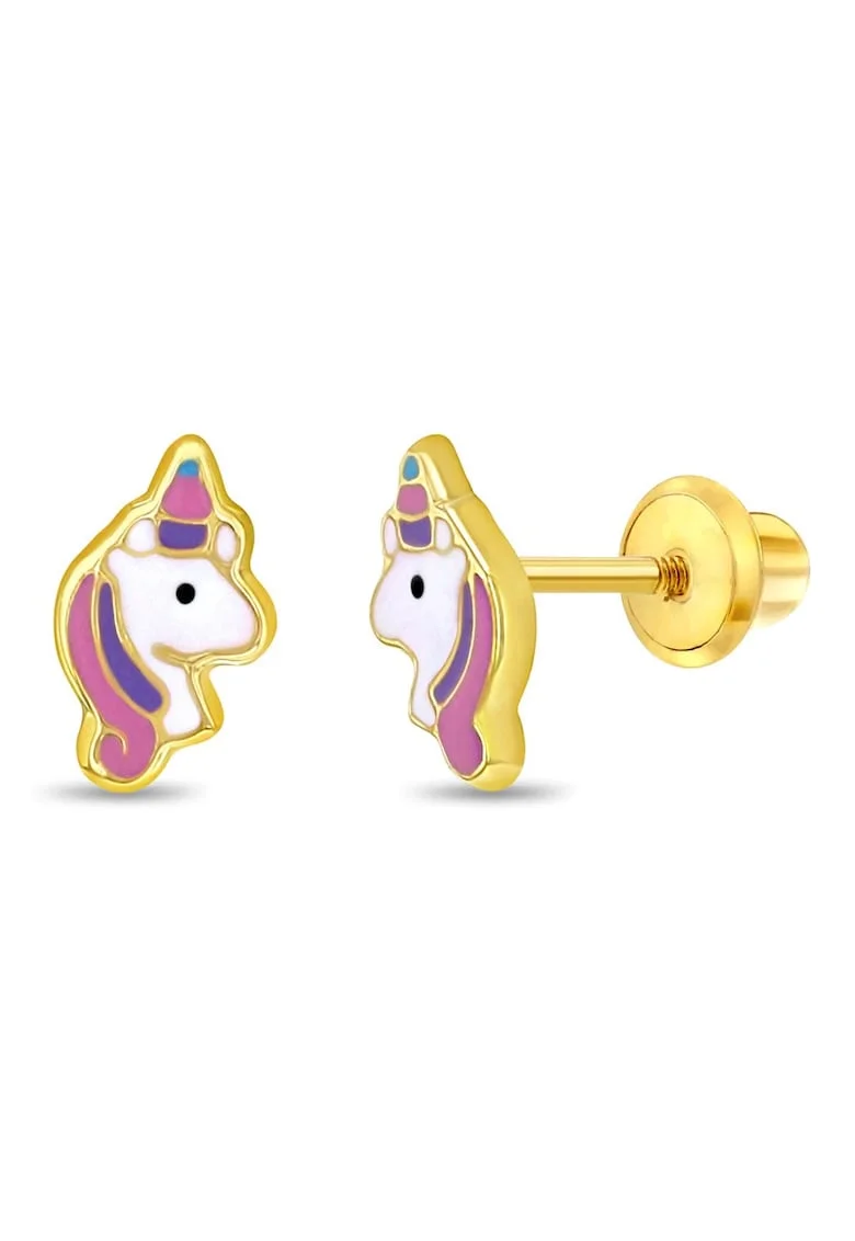 Cercei din Aur 14K pentru Bebelusi si Copii, model Unicorni cu Email Pastel, inchidere cu Filet si Protectie