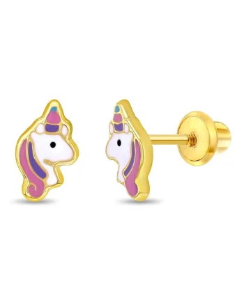 Cercei din Aur 14K pentru Bebelusi si Copii, model Unicorni cu Email Pastel, inchidere cu Filet si Protectie