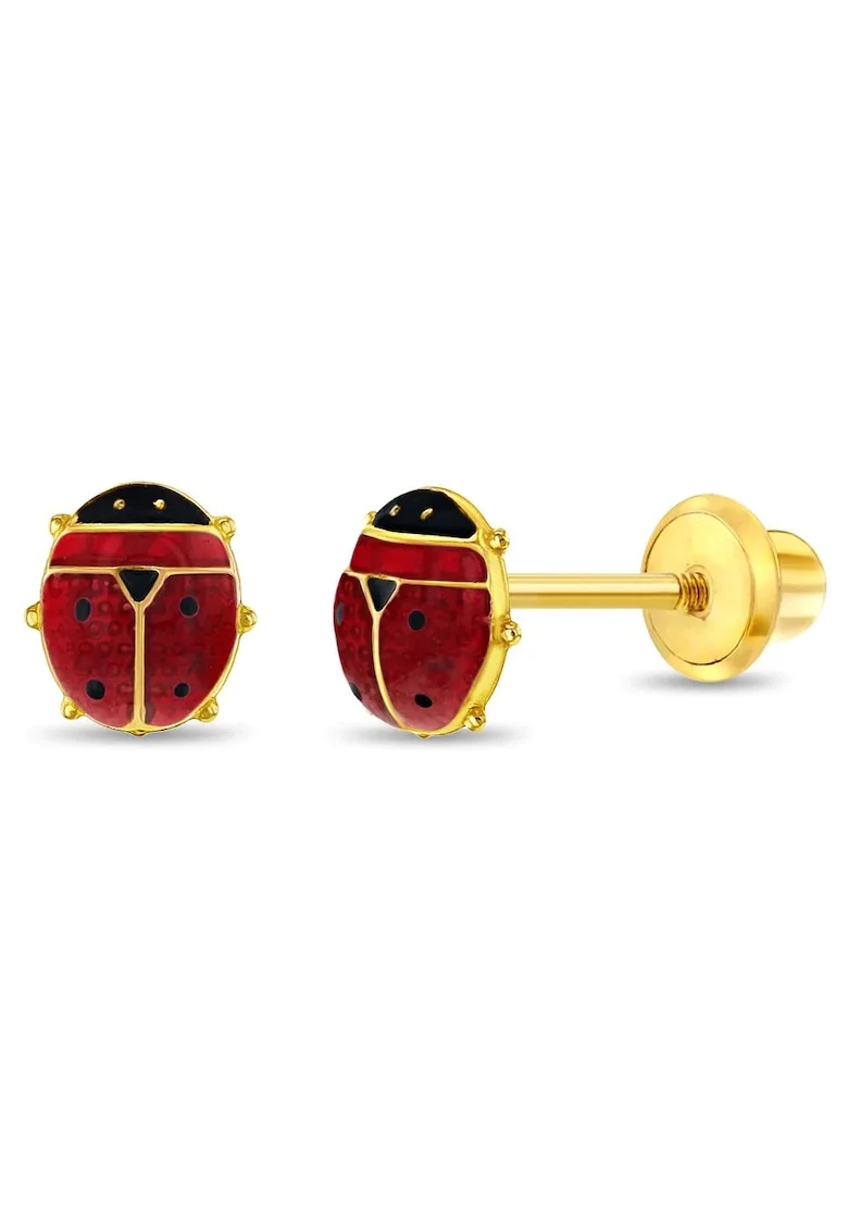 Cercei din Aur 14K pentru Copii, model Buburuza cu Email Rosu si Negru, inchidere cu Filet si Protectie