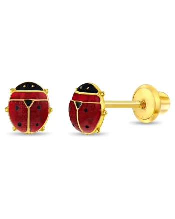 Cercei din Aur 14K pentru Copii, model Buburuza cu Email Rosu si Negru, inchidere cu Filet si Protectie