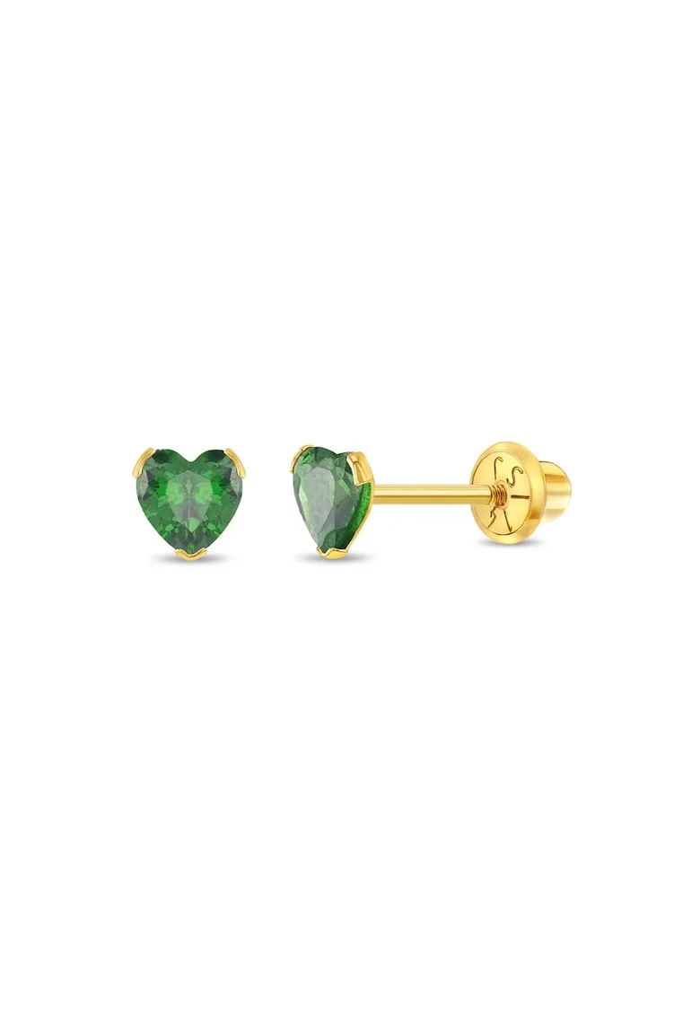 Cercei Aur 14K Copii, model Birthstone (zi nastere mai), forma Inima cu Piatra CZ Green, inchidere cu Filet si Protectie