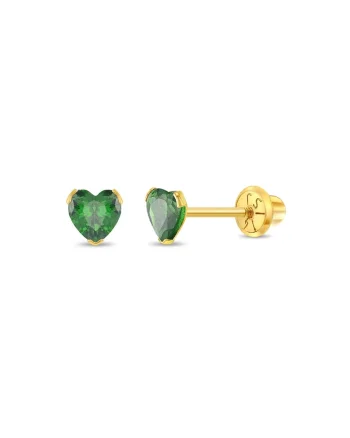 Cercei Aur 14K Copii, model Birthstone (zi nastere mai), forma Inima cu Piatra CZ Green, inchidere cu Filet si Protectie