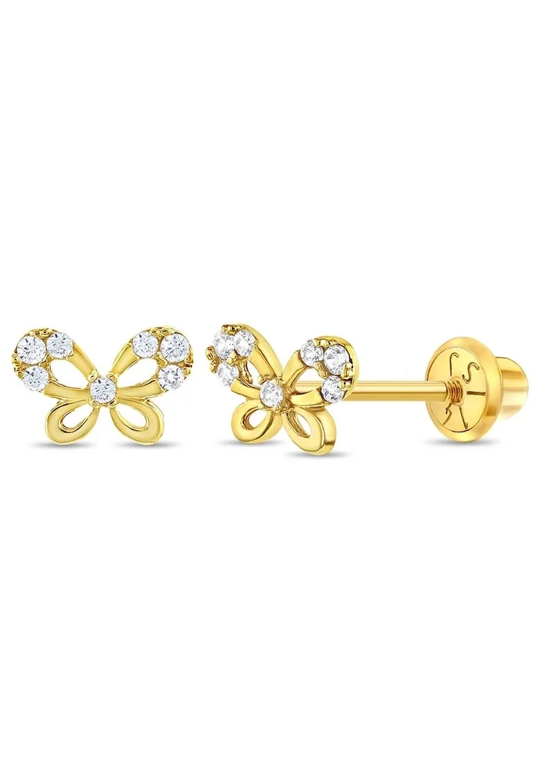 Cercei din Aur 14K pentru Copii, in forma de Fluture cu Pietre CZ Albe, inchidere cu Filet si Protectie