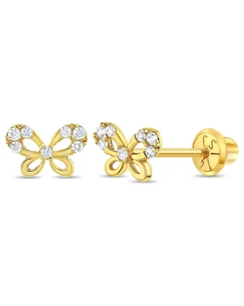 Cercei din Aur 14K pentru Copii, in forma de Fluture cu Pietre CZ Albe, inchidere cu Filet si Protectie