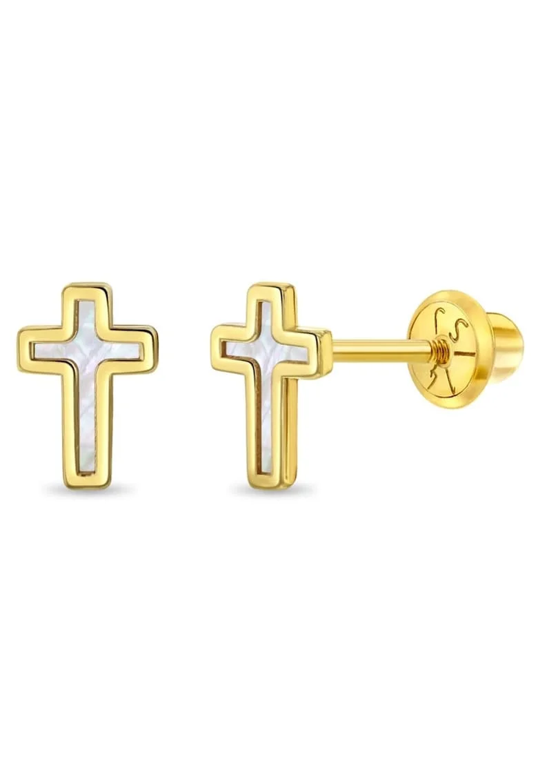 Cercei din Aur 14K pentru Copii, model Cruciulita cu Sidef de Perla, inchidere cu Filet si Protectie
