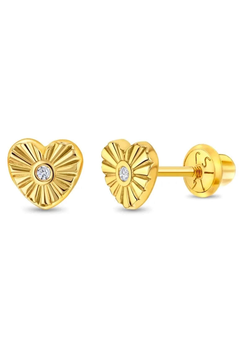 Cercei din Aur 14K pentru Copii, model Inima cu Razele Soarelui si Piatra CZ Transparenta, inchidere cu Filet si Protectie
