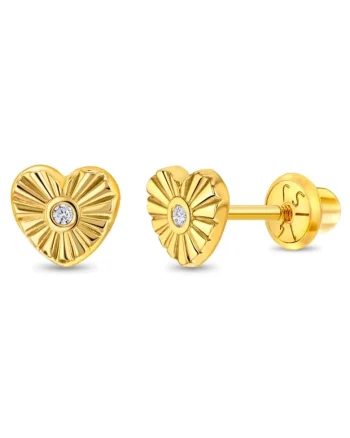 Cercei din Aur 14K pentru Copii, model Inima cu Razele Soarelui si Piatra CZ Transparenta, inchidere cu Filet si Protectie