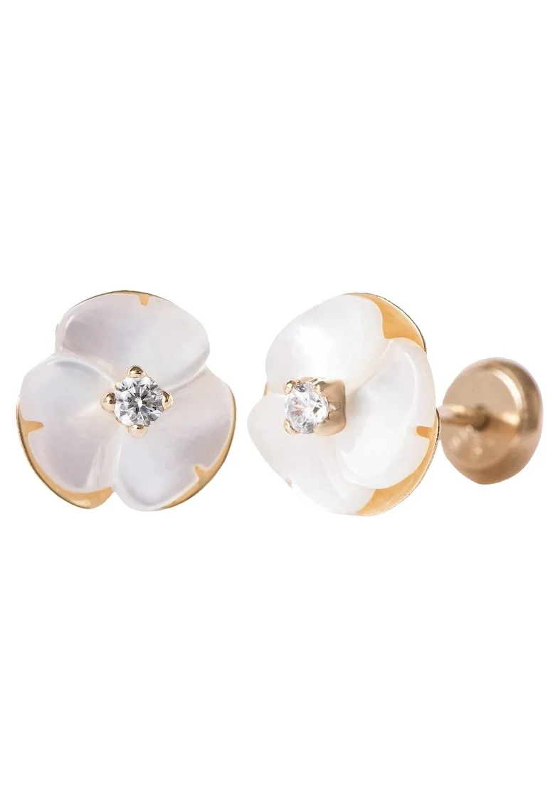 Cercei Copii din Aur 14K, model Floare Sidef Perla si piatra CZ alba, inchidere cu Filet si Protectie