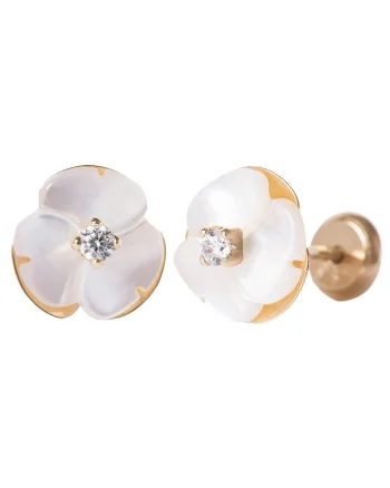 Cercei Copii din Aur 14K, model Floare Sidef Perla si piatra CZ alba, inchidere cu Filet si Protectie