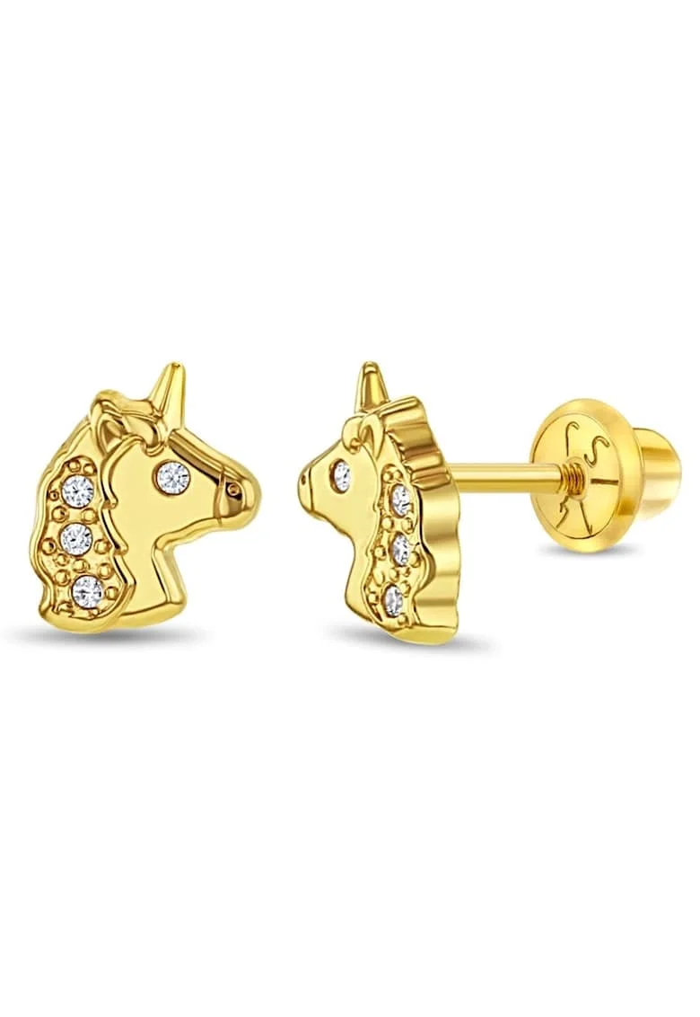 Cercei din Aur 14K pentru Copii – Unicorn cu Pietre CZ, inchidere cu Filet si Protectie