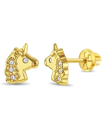 Cercei din Aur 14K pentru Copii – Unicorn cu Pietre CZ, inchidere cu Filet si Protectie