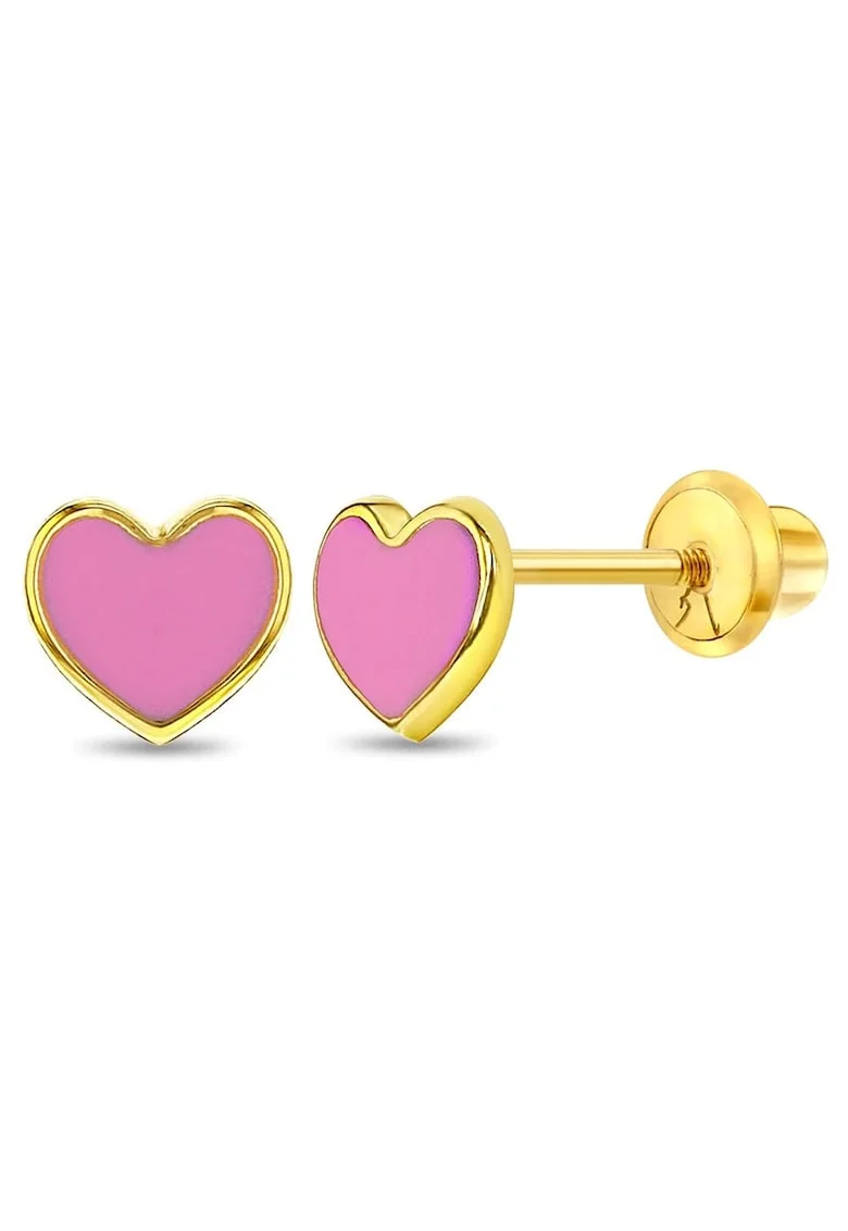 Cercei din Aur 14K pentru Copii, model Inima cu Email Roz, inchidere cu Filet si Protectie