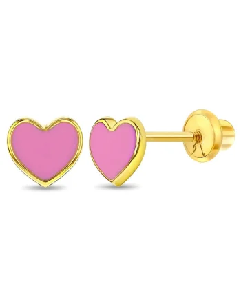 Cercei din Aur 14K pentru Copii, model Inima cu Email Roz, inchidere cu Filet si Protectie