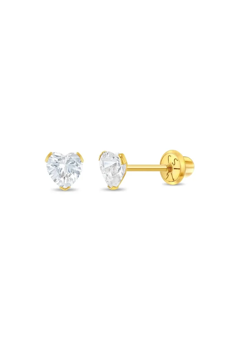 Cercei Aur 14K Copii, model Birthstone (zi nastere aprilie), forma Inima cu Piatra CZ White, inchidere cu Filet si Protectie