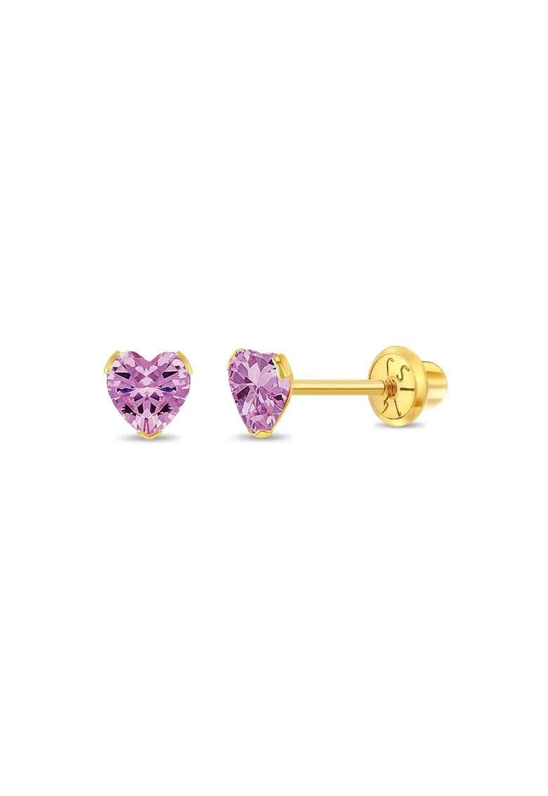 Cercei Aur 14K Copii, model Birthstone (zi nastere octombrie), forma Inima cu Piatra CZ Pink, inchidere cu Filet si Protectie