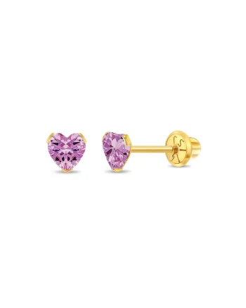Cercei Aur 14K Copii, model Birthstone (zi nastere octombrie), forma Inima cu Piatra CZ Pink, inchidere cu Filet si Protectie