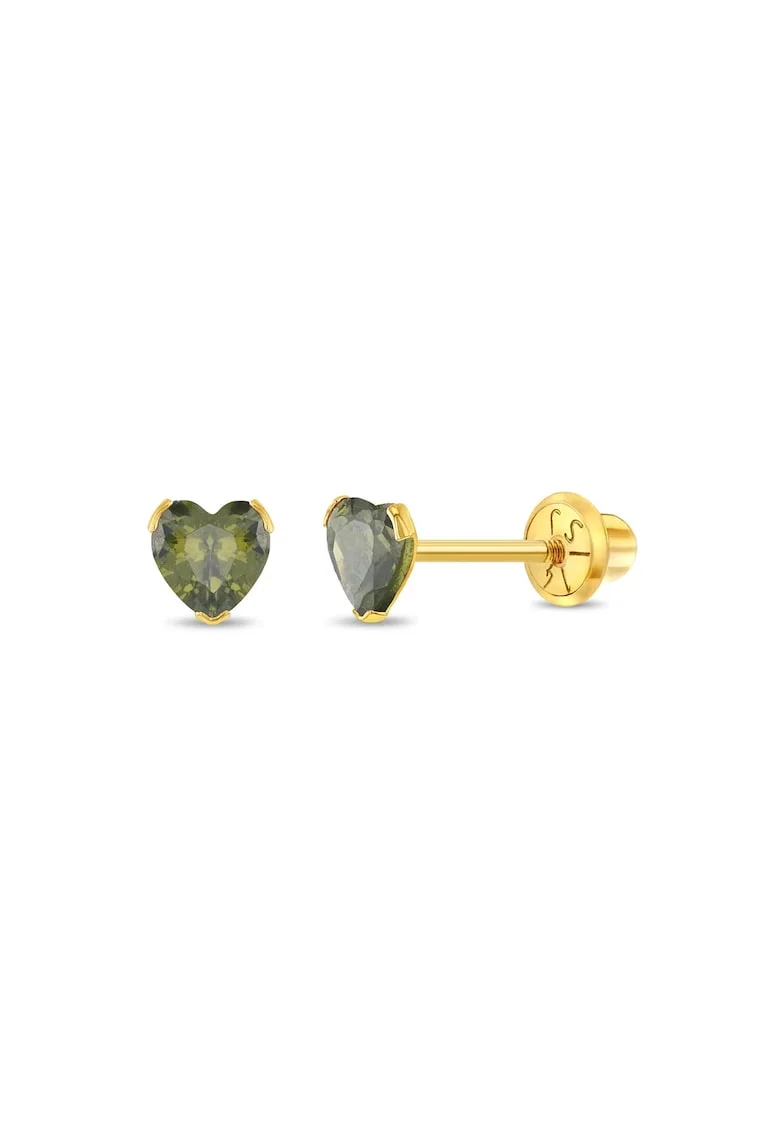 Cercei Aur 14K Copii, model Birthstone (zi nastere august), forma Inima cu Piatra CZ Light Green, inchidere cu Filet si Protectie