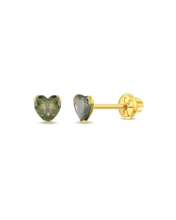 Cercei Aur 14K Copii, model Birthstone (zi nastere august), forma Inima cu Piatra CZ Light Green, inchidere cu Filet si Protectie