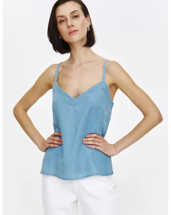 Top de denim cu decolteu in V, Albastru deschis