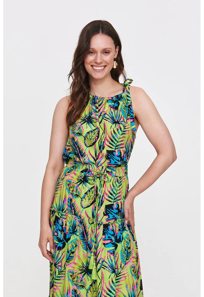 Top cu model floral si bretele cu insertii elastice, Roz deschis/Albastru deschis/Verde menta