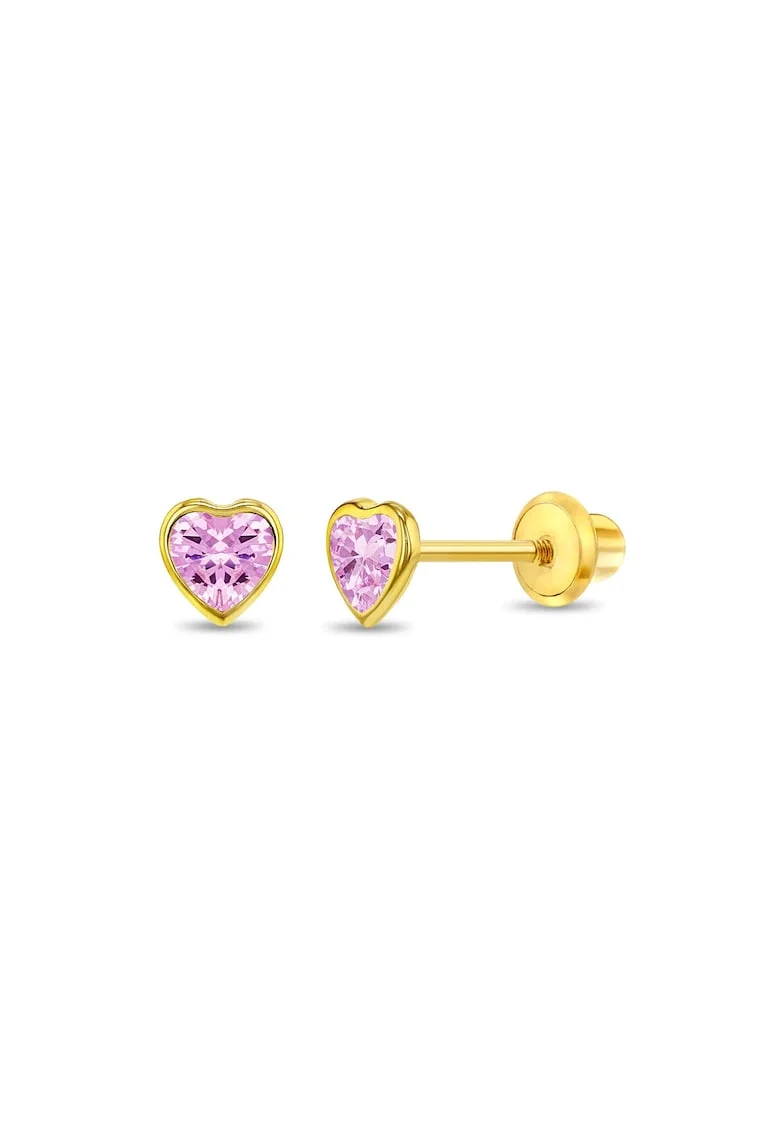 Cercei din Aur 14K pentru Copii, model Heart Baby cu Piatra CZ Roz, inchidere cu Filet si Protectie