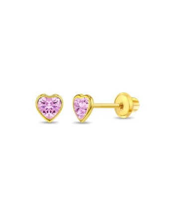 Cercei din Aur 14K pentru Copii, model Heart Baby cu Piatra CZ Roz, inchidere cu Filet si Protectie