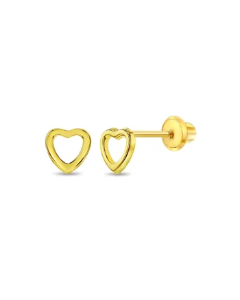 Cercei din Aur 14K pentru Copii, model Open Heart, inchidere cu Filet si Protectie