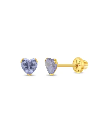 Cercei Aur 14K Copii, model Birthstone (zi nastere iunie), forma Inima cu Piatra CZ Periwinkle, inchidere cu Filet si Protectie