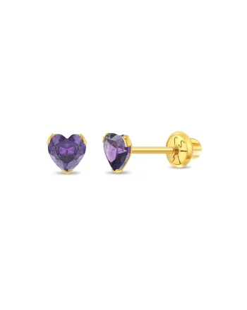 Cercei Aur 14K Copii, model Birthstone (zi nastere februarie), forma Inima cu Piatra CZ Purple, inchidere cu Filet si Protectie