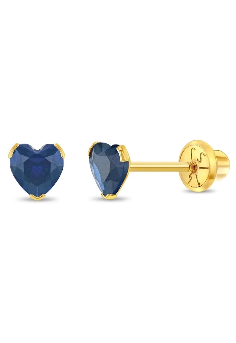 Cercei Copii din Aur 14K, model Birthstone (zi nastere septembrie), forma Inima cu Piatra CZ Blue, inchidere cu Filet si Protectie