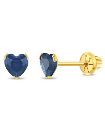 Cercei Copii din Aur 14K, model Birthstone (zi nastere septembrie), forma Inima cu Piatra CZ Blue, inchidere cu Filet si Protectie