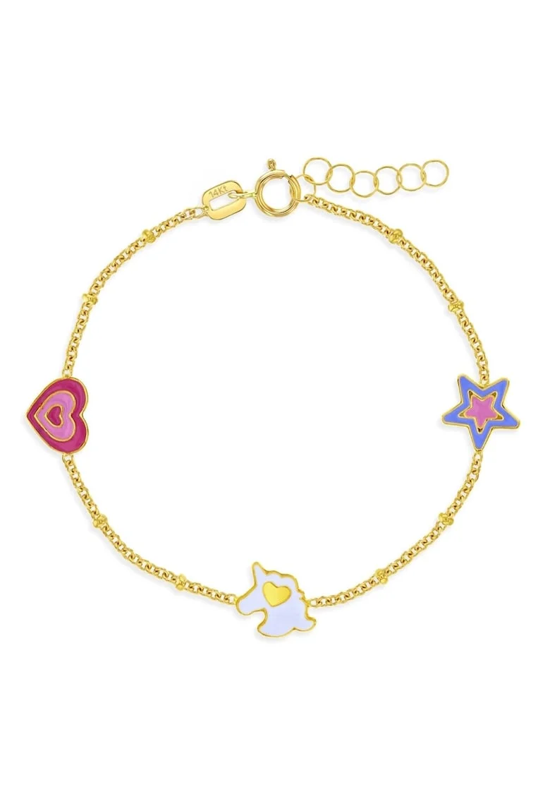 Bratara din Aur 14K pentru Copii – model Unicorn, Inima si Stea din Email Colorat, reglabila 13–15 cm