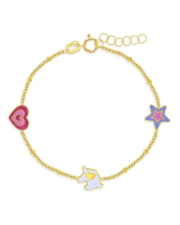 Bratara din Aur 14K pentru Copii – model Unicorn, Inima si Stea din Email Colorat, reglabila 13–15 cm