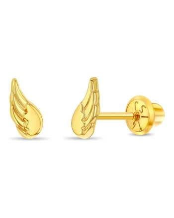 Cercei din Aur 14K pentru Copii – Aripi de Inger, inchidere cu Filet si Protectie