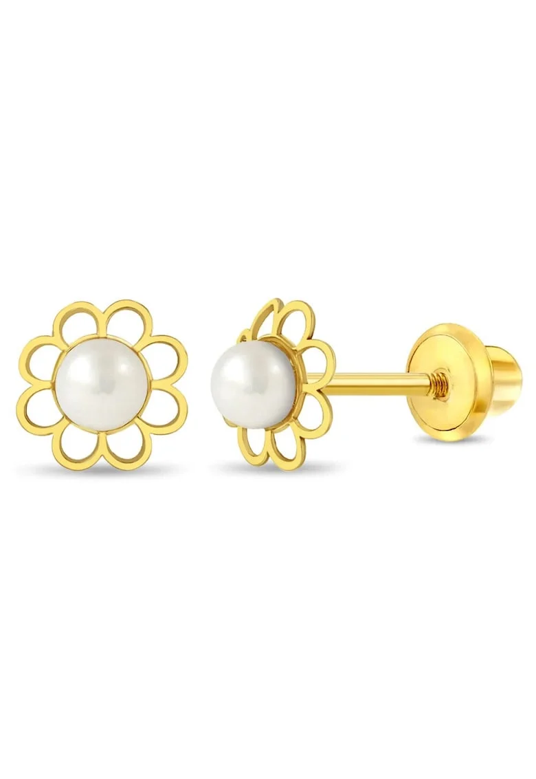 Cercei din Aur 14K pentru Copii, model Floare cu Perla de Cultura, inchidere cu Filet si Protectie