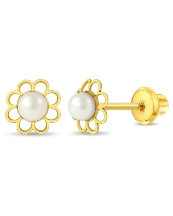 Cercei din Aur 14K pentru Copii, model Floare cu Perla de Cultura, inchidere cu Filet si Protectie