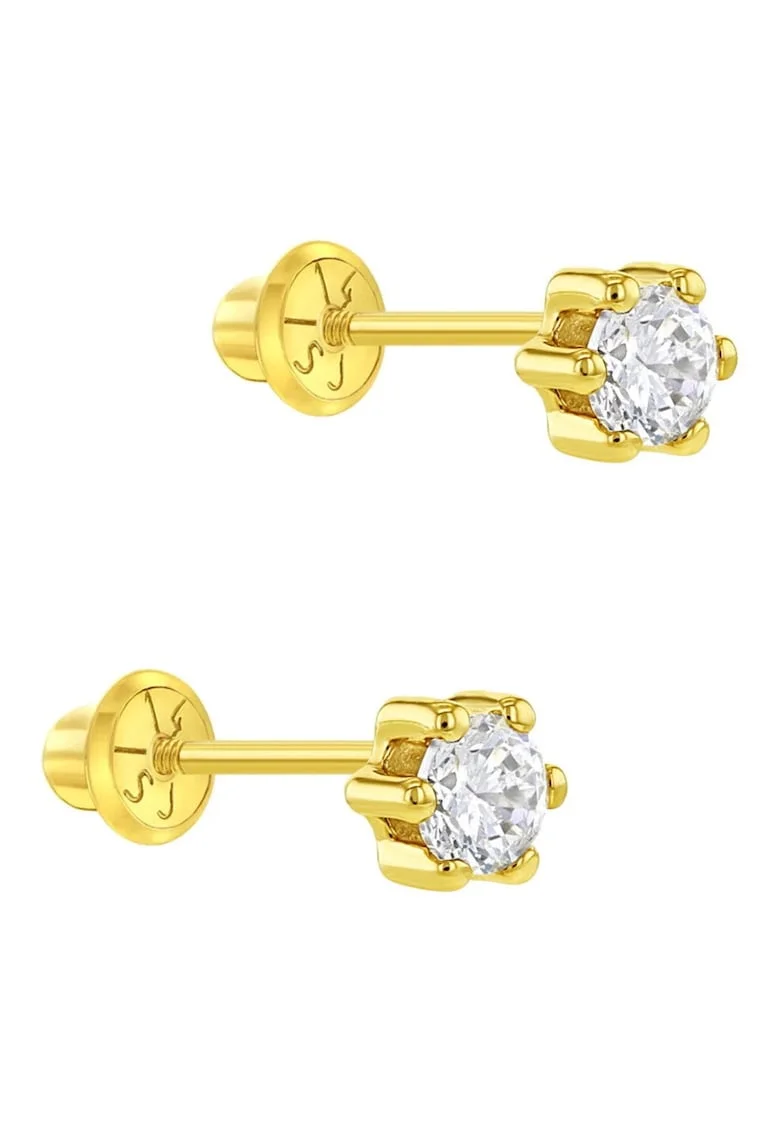 Cercei din Aur 14K pentru Copii, model Clasic cu Piatra CZ Transparenta 4 mm montata in 6 Gherute, inchidere cu Filet si Protectie