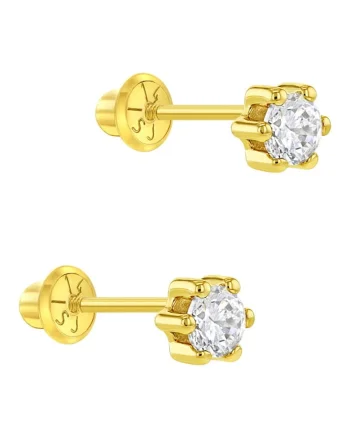 Cercei din Aur 14K pentru Copii, model Clasic cu Piatra CZ Transparenta 4 mm montata in 6 Gherute, inchidere cu Filet si Protectie