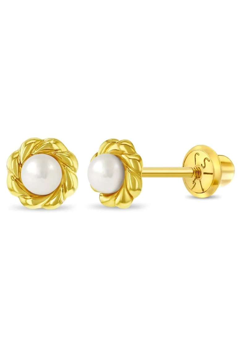 Cercei din Aur 14K pentru Copii, model Clasic cu Perla de Cultura 3 mm in Montura Impletita, inchidere cu Filet si Protectie