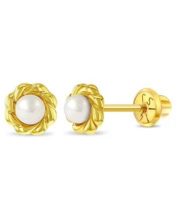 Cercei din Aur 14K pentru Copii, model Clasic cu Perla de Cultura 3 mm in Montura Impletita, inchidere cu Filet si Protectie