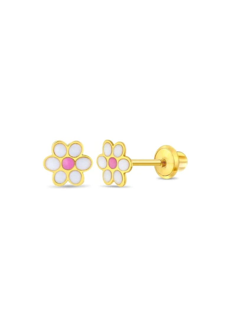 Cercei din Aur 14K pentru Copii, model Daisy Floare cu Email Roz, inchidere cu Filet si Protectie