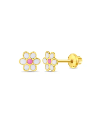 Cercei din Aur 14K pentru Copii, model Daisy Floare cu Email Roz, inchidere cu Filet si Protectie