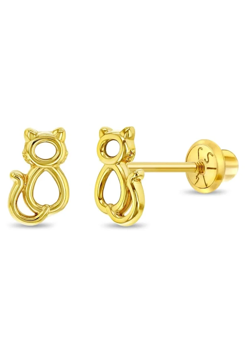 Cercei din Aur 14K pentru Copii – Pisicuta Delicata, inchidere cu Filet si Protectie