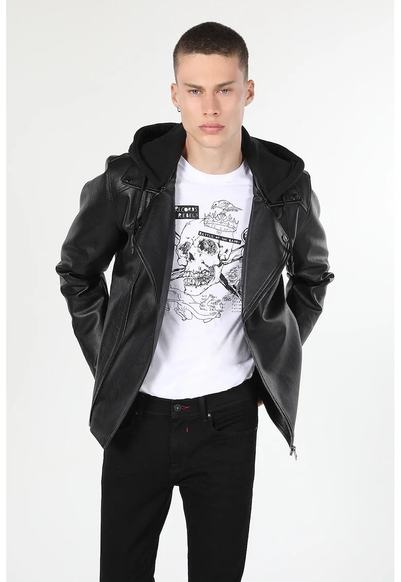 Jacheta biker slim fit de piele ecologica, Negru