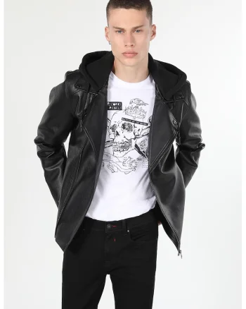 Jacheta biker slim fit de piele ecologica, Negru
