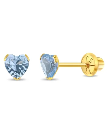 Cercei Copii din Aur 14K, model Birthstone (zi nastere decembrie), forma Inima cu Piatra CZ Turquoise, inchidere cu Filet si Protectie